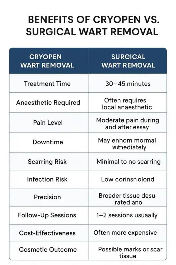 Table showing the benefits of cryopen to remove warts Middlewich compared to surgical treatment